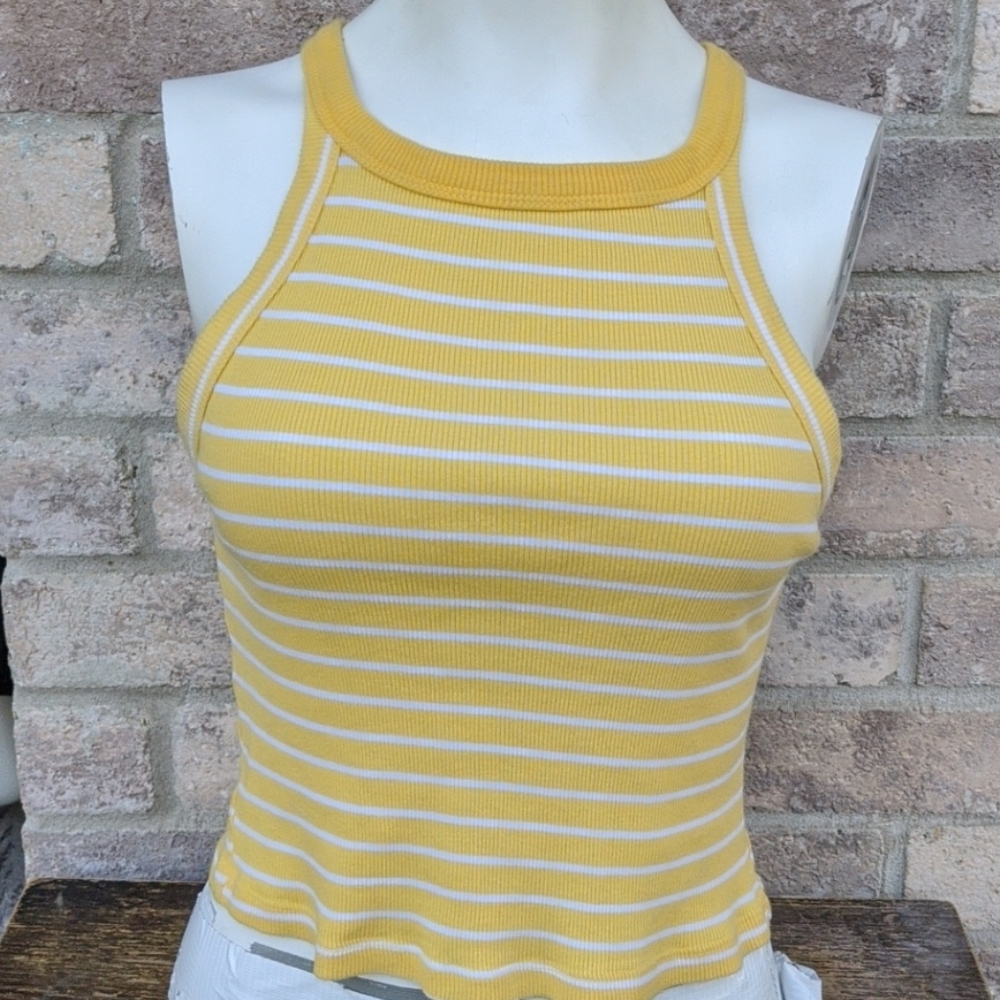 Yellow and white striped sleeveless crop top